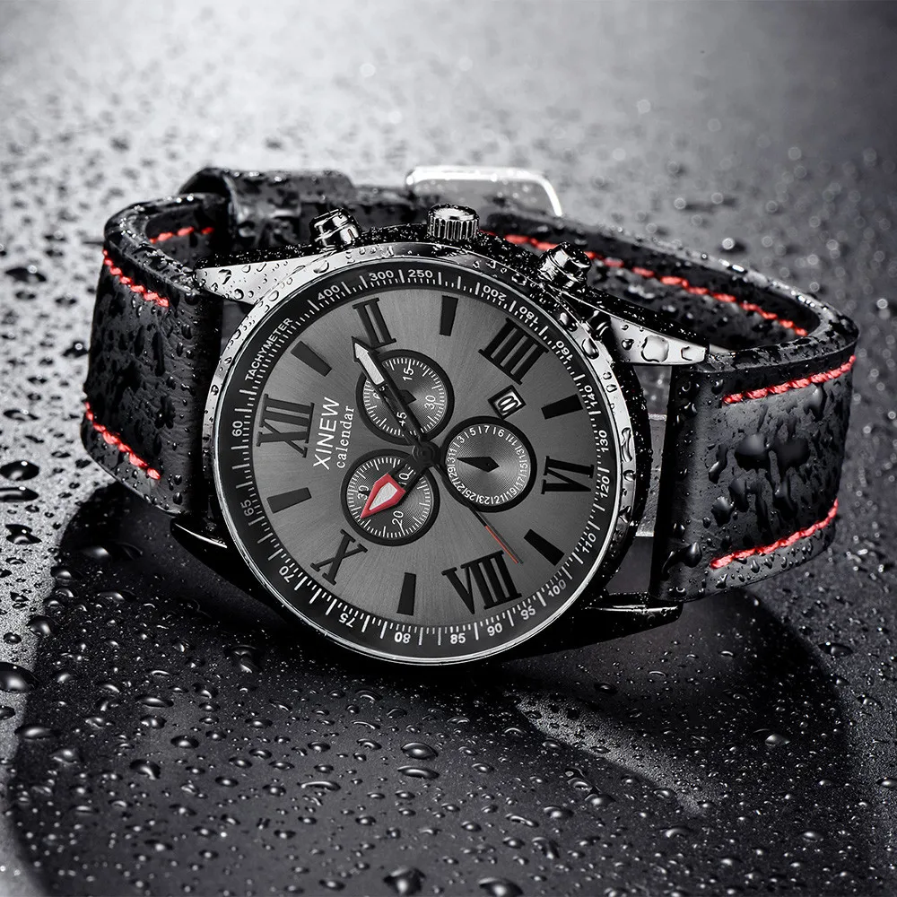 XINEW Men Watch Leather Band Sports Date Analog Alloy Military Quartz watch man watches mens relogios masculino