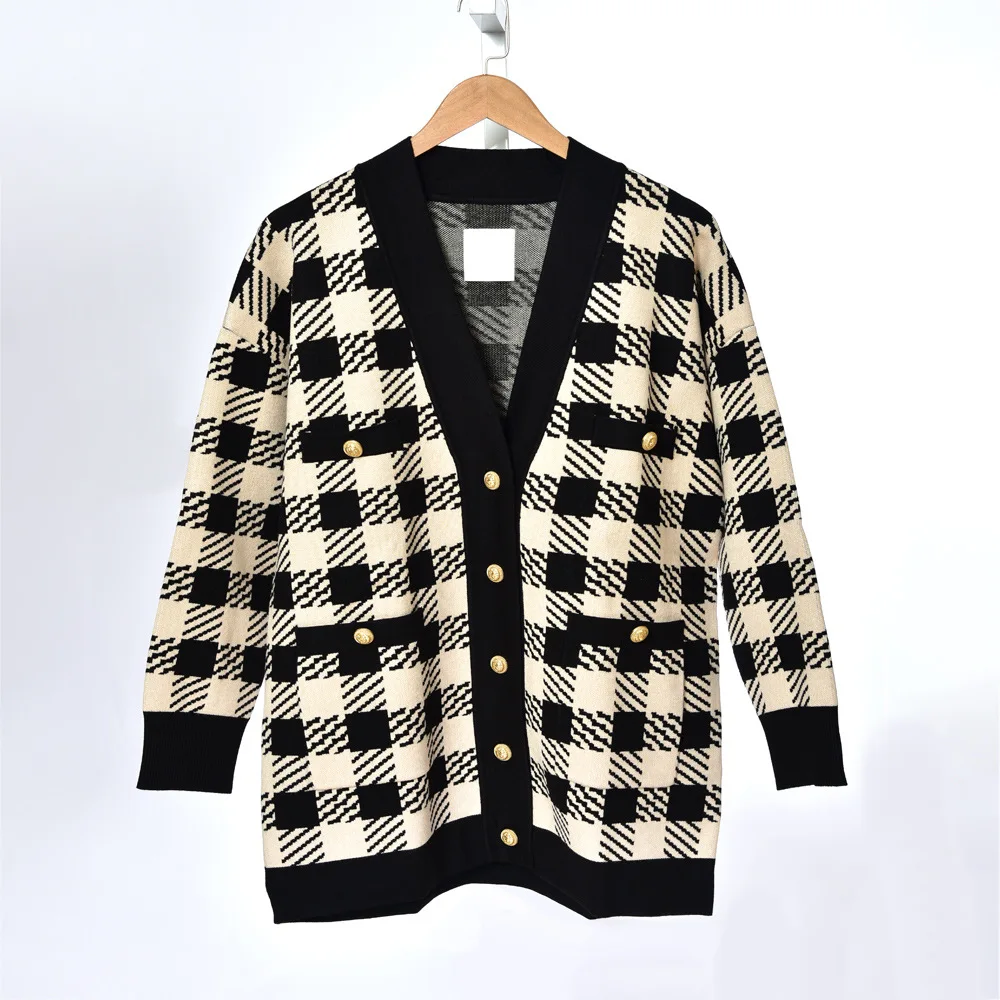 

2019 Autumn / Winter Scottish Plaid Temperament Loose Knit Cardigan Coat