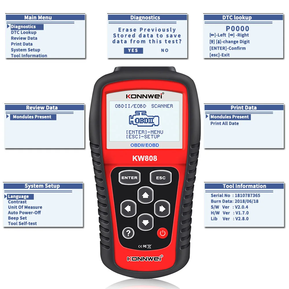 Ручной Автомобильный сканер KONNWEI KW808 OBD II автомобильный диагностический