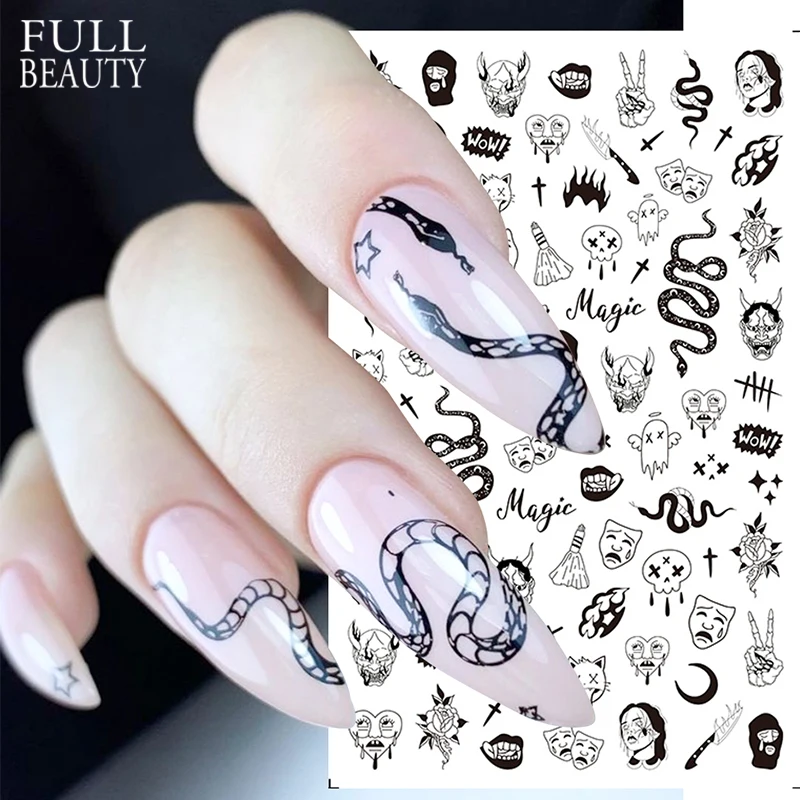 Pegatinas 3D para uñas, calcomanías negras de calavera de serpiente para  uñas, diseño de Anime, decoración para manicura de Halloween, CHF792, 1  Uds.|Pegatinas y calcomanías| - AliExpress