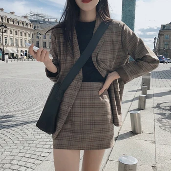 

2020 Retro Plaid Blazer Set Single-breasted Jacket & Pencil Skirt 2 Pieces Skirt Suit Female Office Ladies Blazer Suit