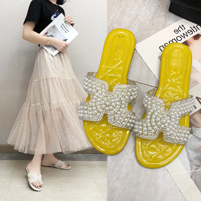 

Slippers 2019 Summer New Style Fairy Anti-slip Versatile Pearl Flat Casual Fashion Network Red Slippers WOMEN'S Shoes