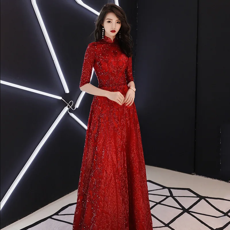 Китайское Восточное вышитое Cheongsam Длинное Элегантное вечернее платье платья принцессы Бургундия Qipao свадебное летнее женское сексуальное