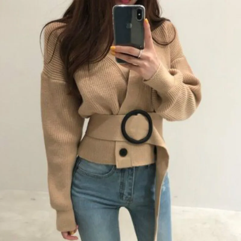 Autumn Winter Female Oversized Knitted Cardigans Casual V-neck Chic Belted Sweater Coat Double Breasted Jacket Sueter Mujer 2020 |