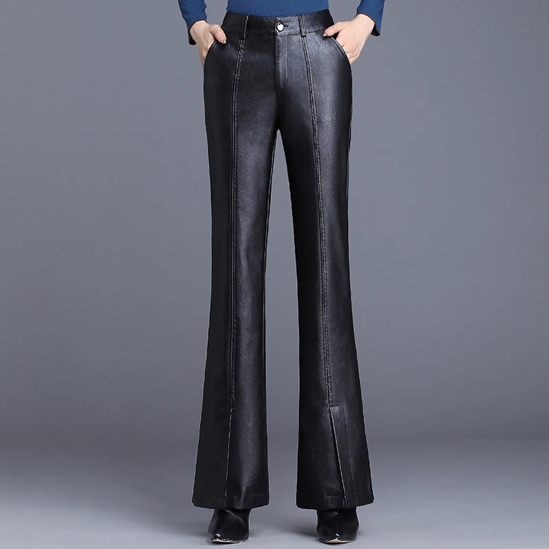Женские брюки клеш с высокой талией, обтягивающие черные брюки из искусственной кожи, новые осенние корейские повседневные брюки - Цвет: Черный