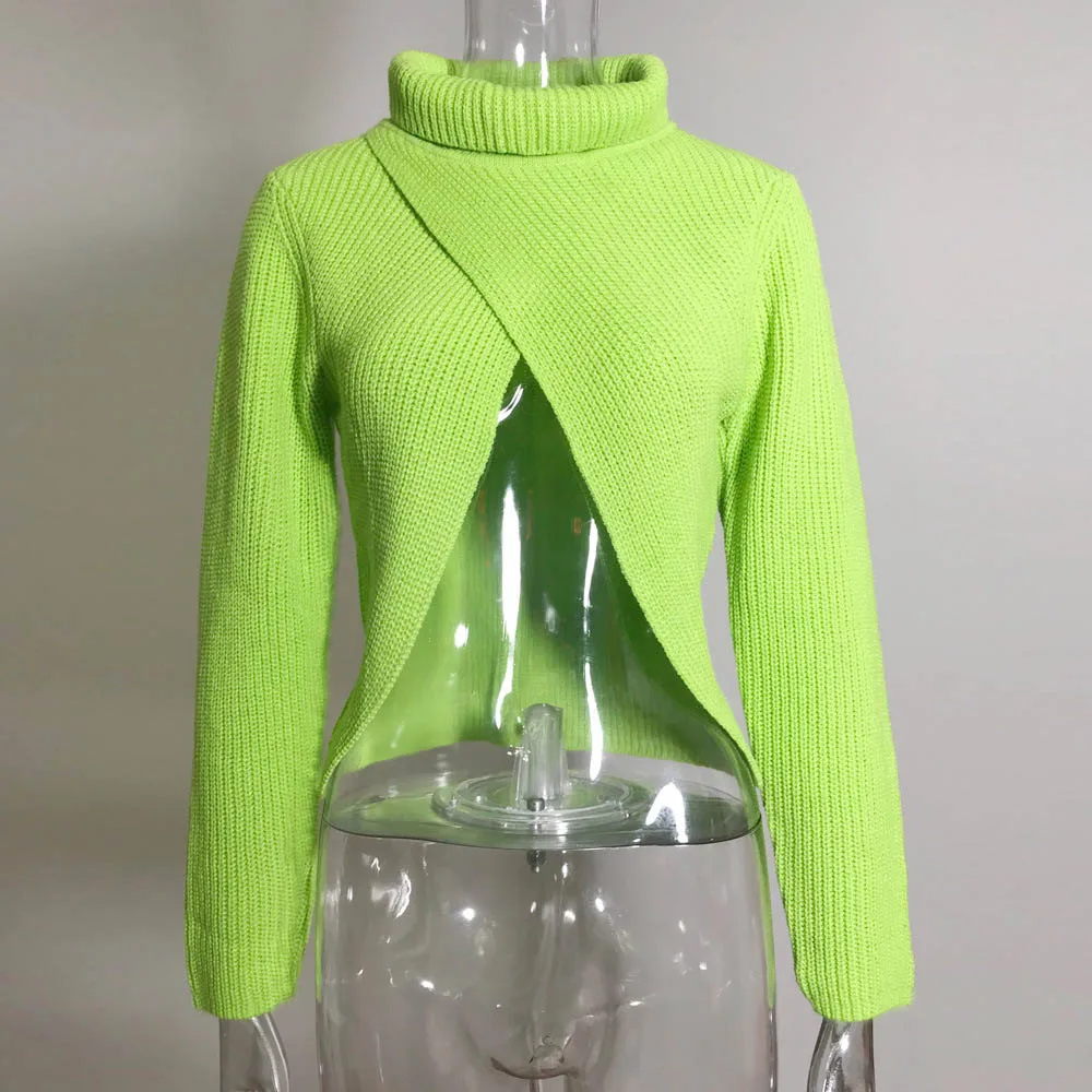 neon green Криптографический неоновый однотонный укороченный свитер с высоким воротом, зимние женские пальто с длинным рукавом, уличная мода, пуловеры, Свитера - Цвет: neon green