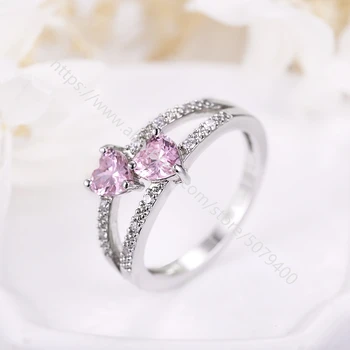 

Vintage Pink Cubic Zirconia Double Heart Ring white Gold Electroplated jewelry handmade CZ wedding bridal girls gift SIZE 5-9