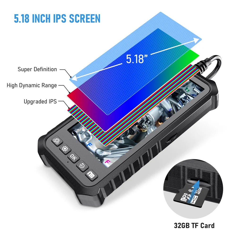 Oiiwak 1080P Endoscope Camera 5mm/8mm Dual lens Borescope Pipe Inspection Camera 5.18in Screen IP67 Surveillance Video Camera