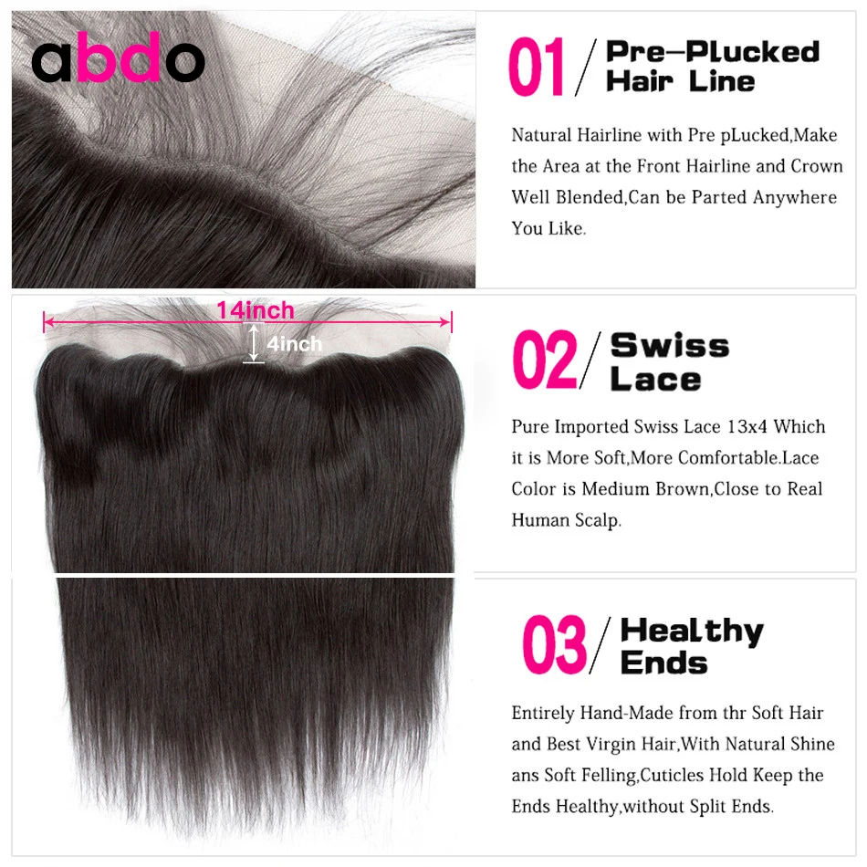 Tanie Abdo malezyjskie proste włosy 13*4 koronka Frontal zamknięcie z dziecko włosy 100% ludzki włos wolny Middle trzy część włosy inne niż remy