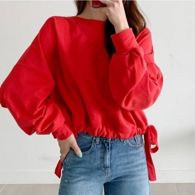 

[EWQ] Sweet O Neck Lantern Sleeve Pullovers Drawstring Loose Large Size Female Sweatshirt 2019 Autumn New Casual Red Top QK826