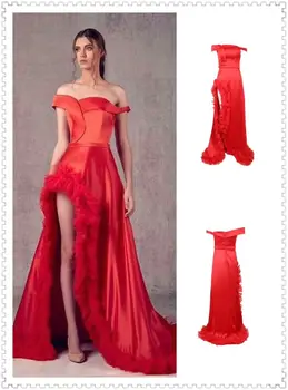 

High Quality Slash Neck Sexy Women Feather Red Open Fork Long- Dress Celebrity Club Party Bodycon Dress