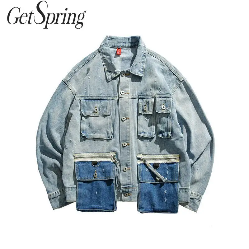 

GetSpring Women Jackets Coats Oversize Jean Jacket Women Denim Jackets Loose Embroidery Denim Coat Long Sleeve Denim Tops Autumn