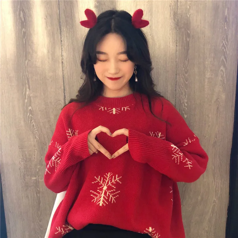 Sweaters Woman Pullovers Christmas 2020 Round Neck Maglioni Korean Vintage Fluffy Large Size Red Sweatshirts Jersey Mujer Lady