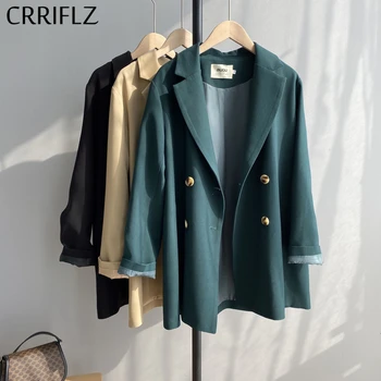 

CRRIFLZ 2020 New Solid Loose Blazer Coat Women Casual Double Breasted Suit Coat Office Lady