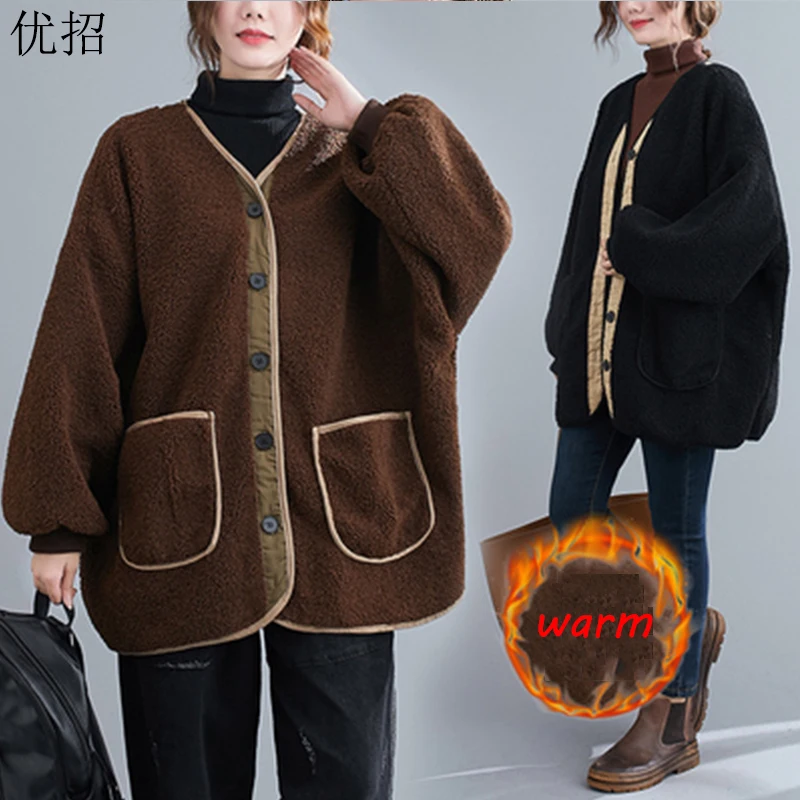 

Winter Ladies Woolen Coat Plus Size Thick Amb Wool Solid Mid-Length Loose Faux Fur Outerwear Female Vintage Plush Teddy Jacket
