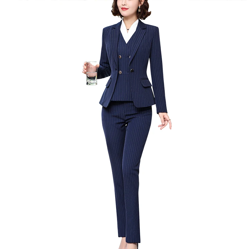 SUSIELADY женские блейзеры костюмы в полоску Блейзер Куртка, жилет и брюки/юбка костюм двойной слой Подол жилет костюмы для собеседования женский деловой комплект - Цвет: Blue Pantsuits