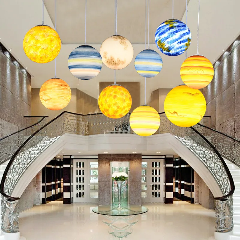 Nordic Universe Planet Acrylic Pendant Light Moon Sun Earth Mars Uranus Mercury Creative bedroom children room hanging lamp Deco