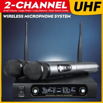 

Dual Channel Wireless Microphone System Professional UHF Automatic Handheld Microphone Frequency Adjustable for Karaoke Party