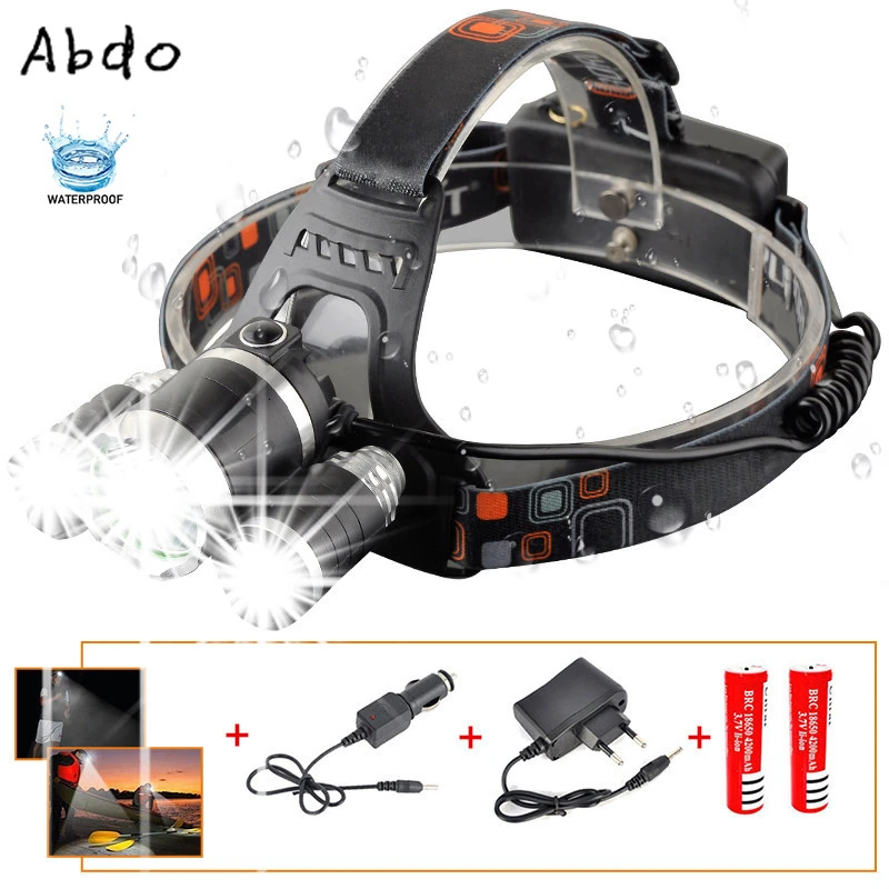 

9000Lm Led Headlight Headlamp T6+2R5 Rechargeable Flashlight Head Lamp Light Torch Linterna led+2*18650 battery+Car charger