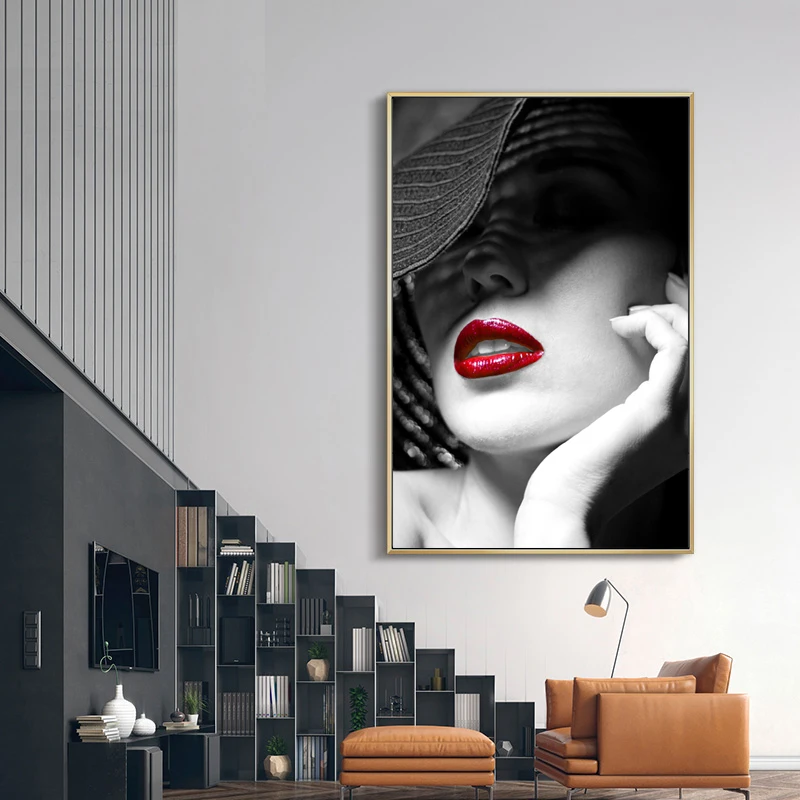 

Black White Fashion Girl Canvas Painting Red Lips Nordic Wall Print Poster Art Home Decor Artwork for Living Room