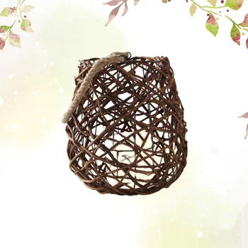 

1PC Woven Rattan Lantern Iron Candle Holder Rustic Candlestick Vintage Desktop Decoration for Home Bedroom (Size L)