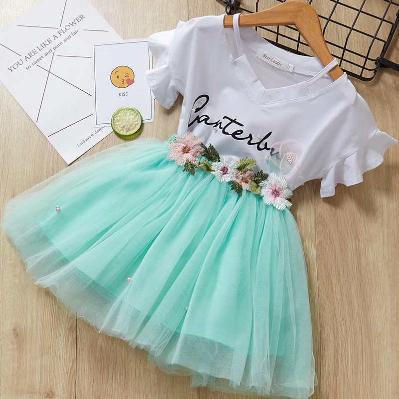 Melario/От 2 до 7 лет комплекты одежды для девочек г. Летняя Милая футболка принцессы для девочек с героями мультфильмов+ газовое платье комплект из 2 предметов, одежда для детей - Цвет: green AX1095