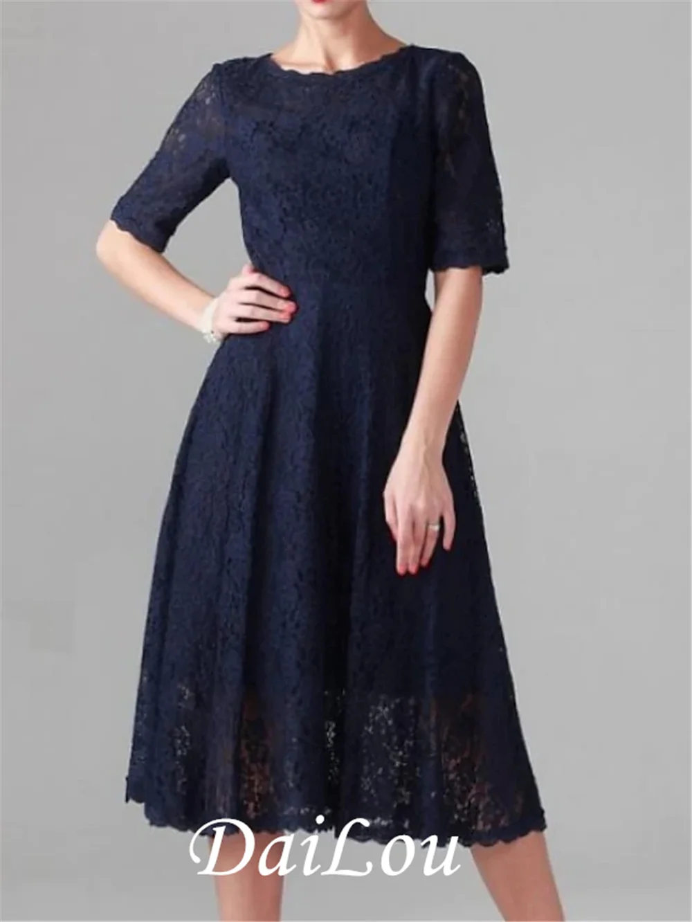 

ТРАПЕЦИЕВИДНОЕ ПЛАТЬЕ для матери невесты, элегантное кружевное атласное платье до середины икры с круглым вырезом и коротким рукавом, 2021