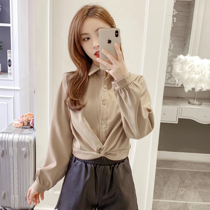 

COIGARSAM Casual Full Sleeve Shirt Womens tops New Winter Chiffon Loose Turn-down Collar Women shirts Khaki White 1922