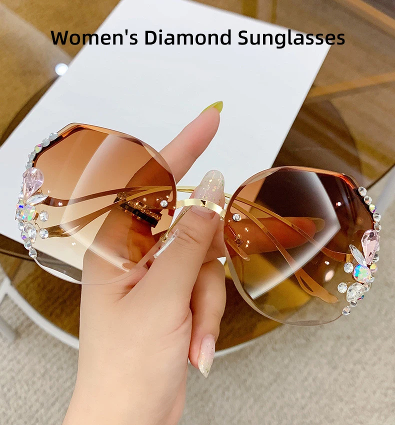 Fashion Anti-UV Diamond Sunglasses Women UV400 Rimless Vintage Sun Glasses Rhinestone Retro Sunglass Luxury Designer Oculos