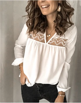 

Womens Tops and Blouses Elegant long Sleeve V Neck OL Lace Shirt Ladies Office Lady Backless chemise femme blusa feminina