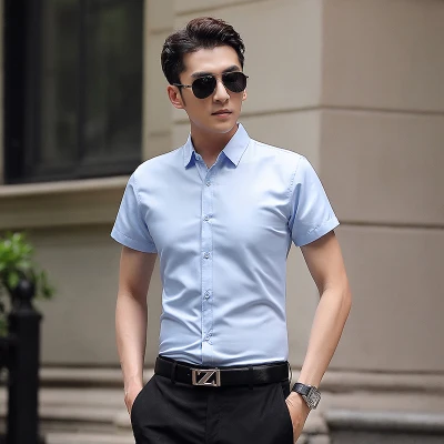 blue short sleeve Мужская официальная офисная блуза, рубашка джентльмена, рубашка с длинным рукавом, деловая рубашка, однотонная, простая, размера плюс, 5XL, рабочая блуза, элегантная ткань - Цвет: blue short sleeve