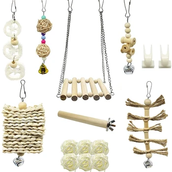 

Botique-15 Packs Bird Parrot Swing Chewing Toys Wood Hanging Bell Bird Cage Toys Suitable for Small Parakeets, Cockatiels Macaws