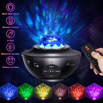 

USB LED Star Night Light Music Starry Water Wave Sound-Activated LED Projector Light Bluetooth Projector Galaxy Projector Light