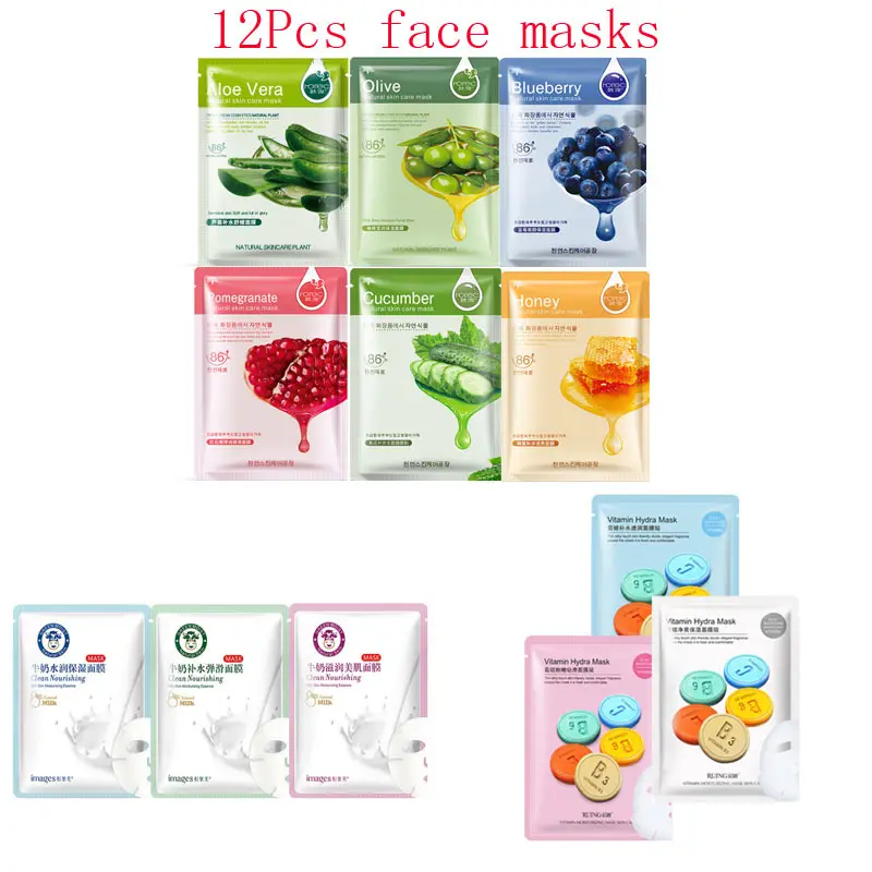 

12Pcs Mixed plant blueberry honey vitamin snail Face Mask Moisturizing Shrink Pores Oil-control Facial Masks Korean Skin Care