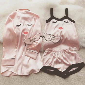 

JULY'S SONG 4pcs Cute Women Pajamas Sets Elegant Pink Sleepwear For Woman Faux Silk Satin Pyjamas Sling Shorts Homewear