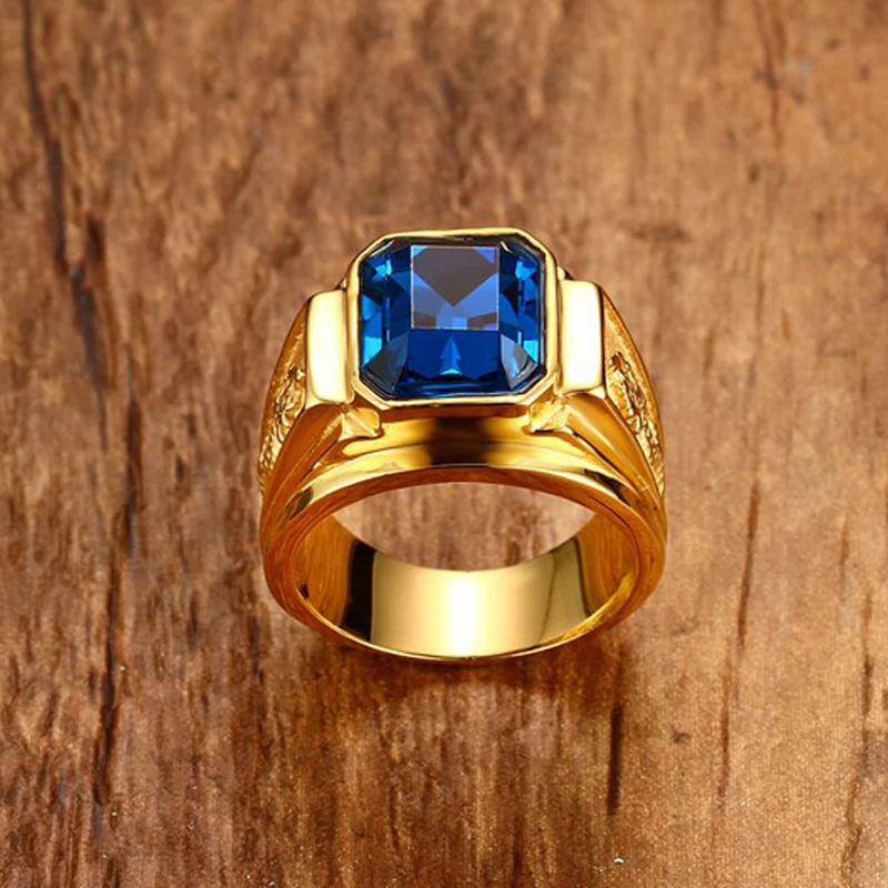 Classic Big Red/Blue Rhinestone Stone Rings For Men Jewelry Gold Color Stainless Steel Party Male Bands