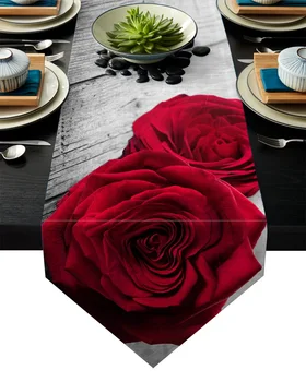 

Red Rose Flower On Grey Wooden Board Table Runner Table Flag Home Party Decorative Tablecloth Table Runners