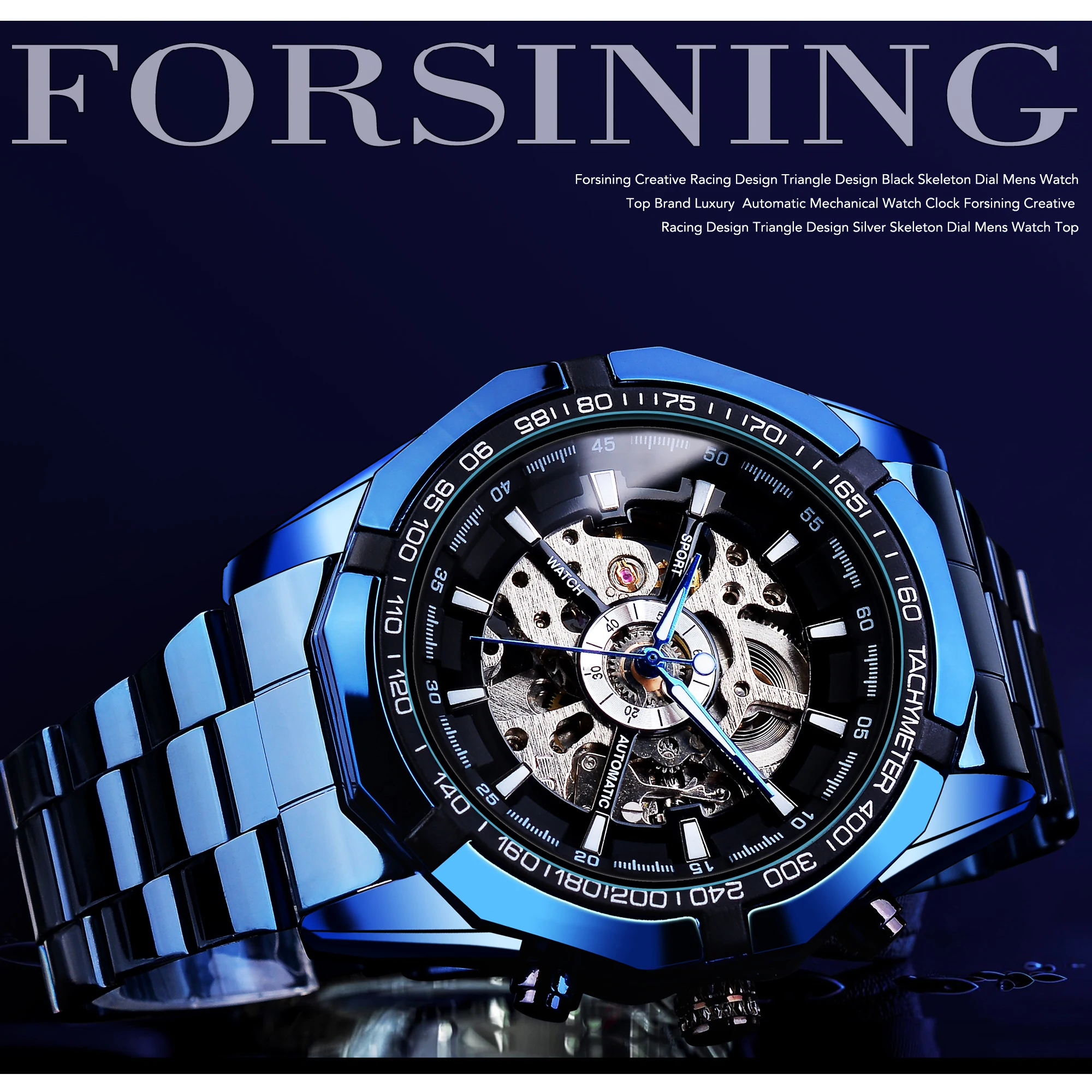 Forsining Mechanical Men's Wristwatch Skeleton Hollow Automatic Watch 3Bar Stainless Steel Men Watches Blue Fashion Reloj Hombre mechanical watch