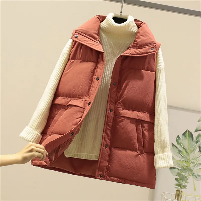 

2022 Women Sleeveless Vest Loose Winter Warm Plus Size 2XL Jacket Female Cotton Padded Veats Stand collar Sleeveless Waistcoat