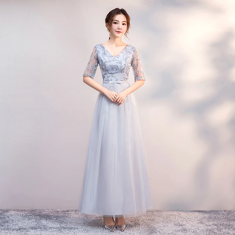 A long gray Вырез лодочкой, для подружки невесты; платье с длинным рукавов Vestido Azul Марино элегантное платье Для женщин для Свадебная вечеринка длинное платье простого покроя пикантные Выходные туфли на выпускной - Цвет: A long gray