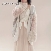 TWOTWINSTYLE Hit Color Patchwork Women's Sweater V Neck Long Sleeve Single Breasted Thick Cardigans Elegant Female Sweaters