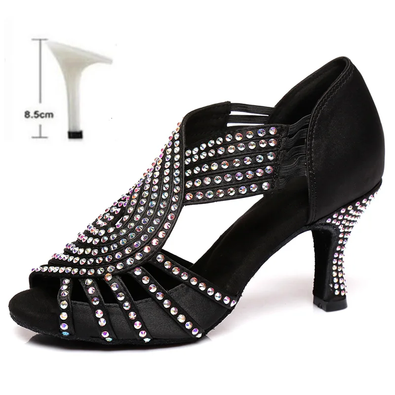 Бальные туфли для латинских танцев RhinestoneTango Salsa Новые поступления женская/Женская обувь на высоком тонком каблуке для профессиональных танцев - Цвет: Black 8.5CM