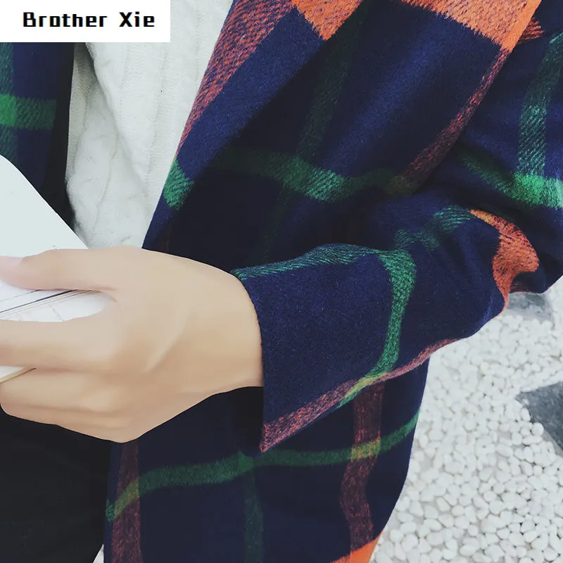 

Tartan Coat Men's Fashion Retro Casual Contrast V-neck Wool Jacket Man Streetwear Wild Loose Long Wool Coat Male Overcoat