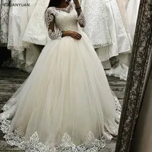 Великолепное Кружевное бальное платье с аппликацией и коротким шлейфом, свадебное платье, сексуальные свадебные платья принцессы с глубоким вырезом и длинным рукавом, расшитые бисером