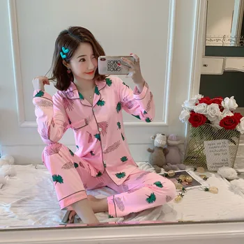 

Pajamas Women Long Sleeve Cotton Spring and Autumn Korean Version of Women's Thin plus Size Cotton Flax Tracksuit Summer Two-Pie