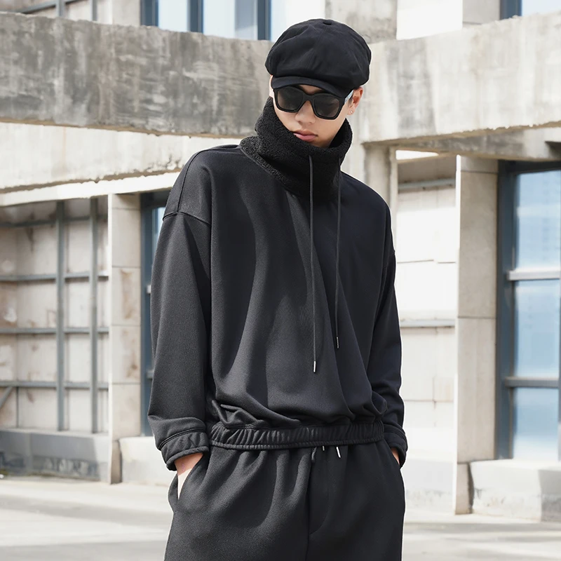 Men's Long Sleeve Hoodie Autumn And Winter New Dark Thickened Lamb Hair High Collar Personality Drawstring Design Large Size Hoo