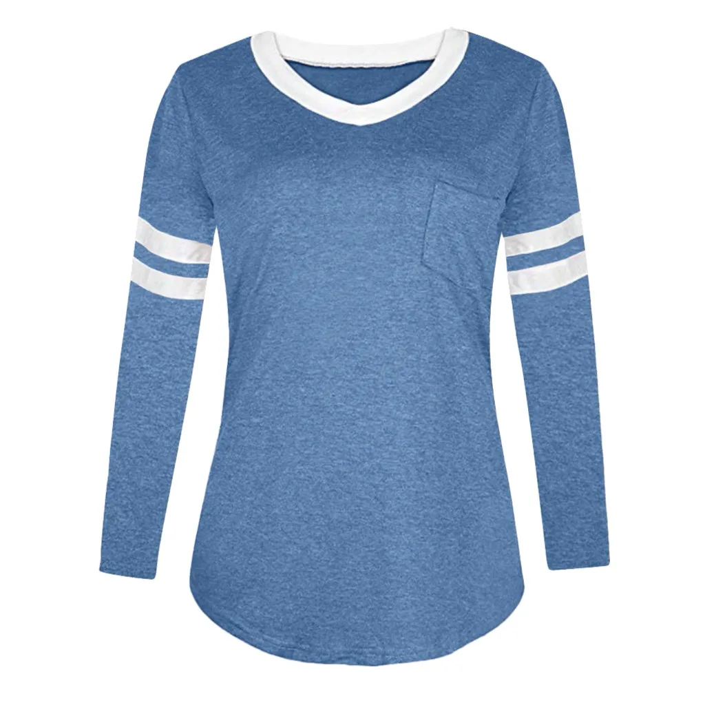 Женская футболка в полоску, повседневный пуловер с v-образным вырезом и карманом, Повседневная Свободная футболка с длинным рукавом, женские топы, женская мода