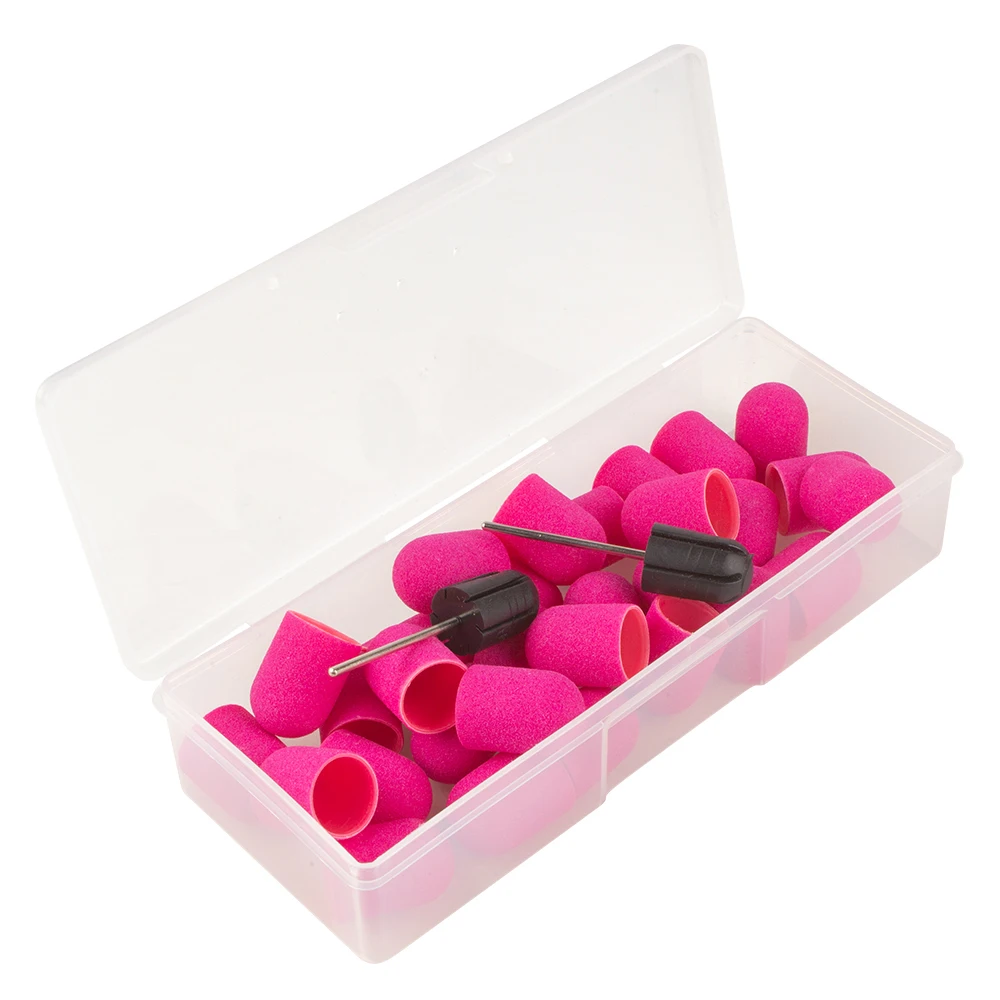 30/50pcs 네일 아트 샌딩 캡 보관 상자 2pcs 고무 네일 샌드 밴드 비트 페디큐어 풋 케어 큐티클 죽은 피부 제거