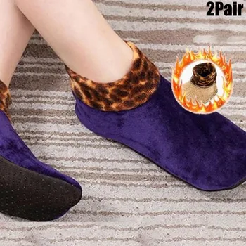 

2 Pair Women's Socks Winter Warm Plus Velvet Leopard Thick Socks Bed Non Slip Home Indoor Non-slip Thermal Socks