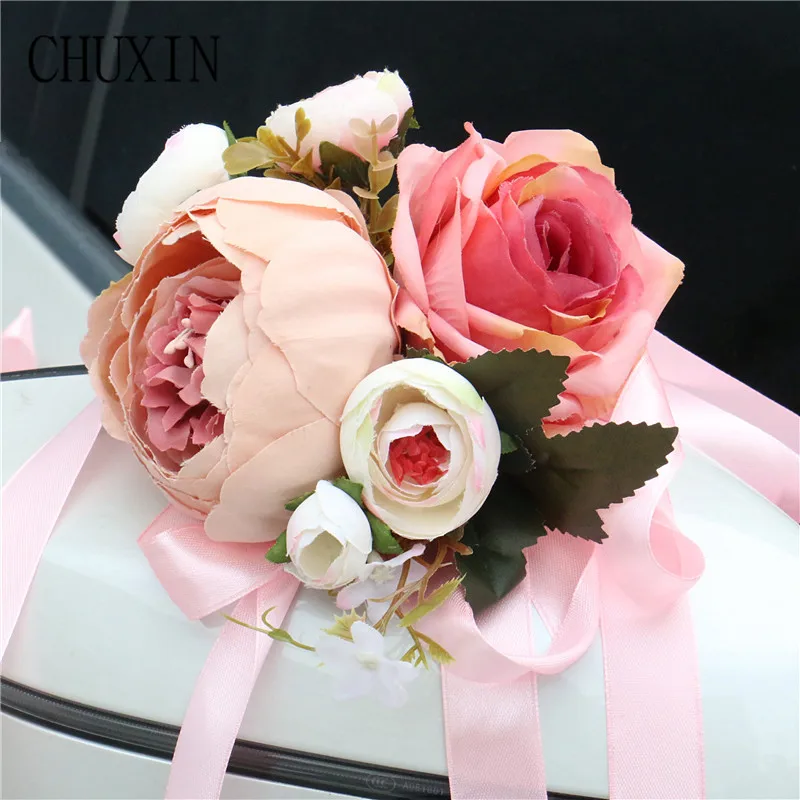 

CHUXIN New creative wedding car decoration flower door handle rearview mirror decoration Ribbon Silk artificial flower Rose